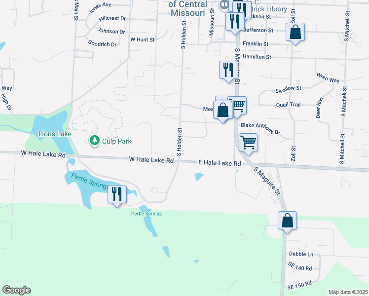 map of restaurants, bars, coffee shops, grocery stores, and more near 1205 South Holden Street in Warrensburg