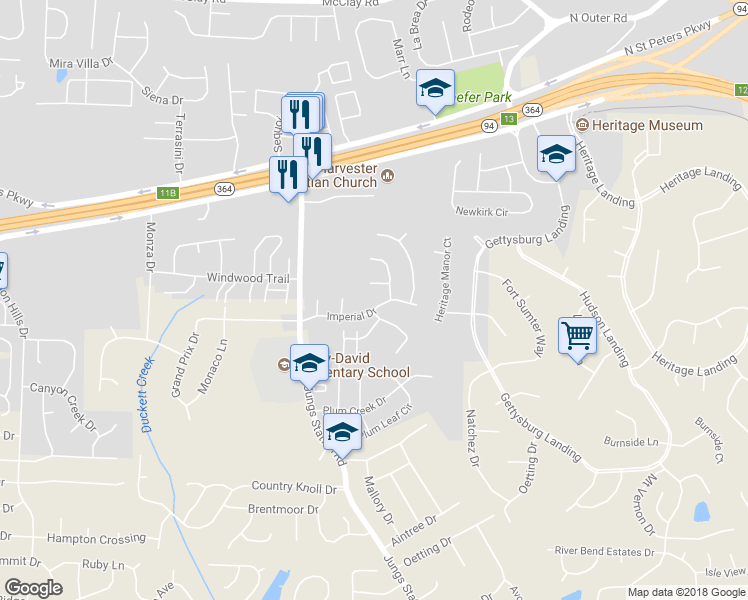 map of restaurants, bars, coffee shops, grocery stores, and more near 2962 Imperial Drive in St. Peters