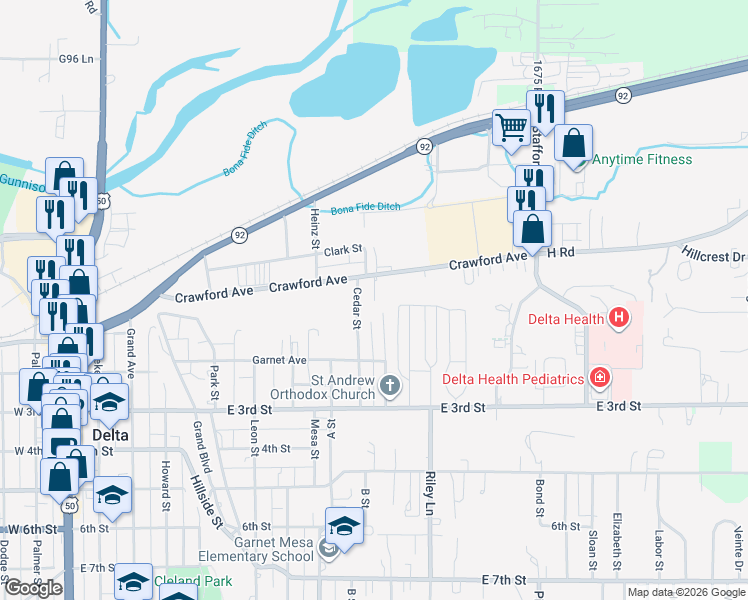 map of restaurants, bars, coffee shops, grocery stores, and more near 138 Bert Street in Delta