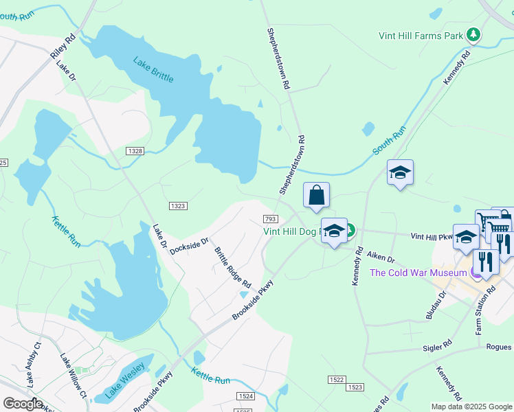map of restaurants, bars, coffee shops, grocery stores, and more near 4341 Lake Brittle Road in Warrenton