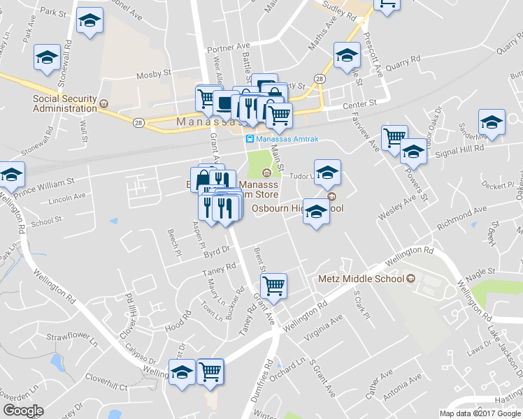 map of restaurants, bars, coffee shops, grocery stores, and more near 9212 Azure Court in Manassas