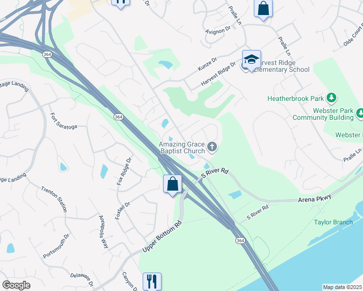 map of restaurants, bars, coffee shops, grocery stores, and more near 104 Scenic Cove Lane in Saint Charles