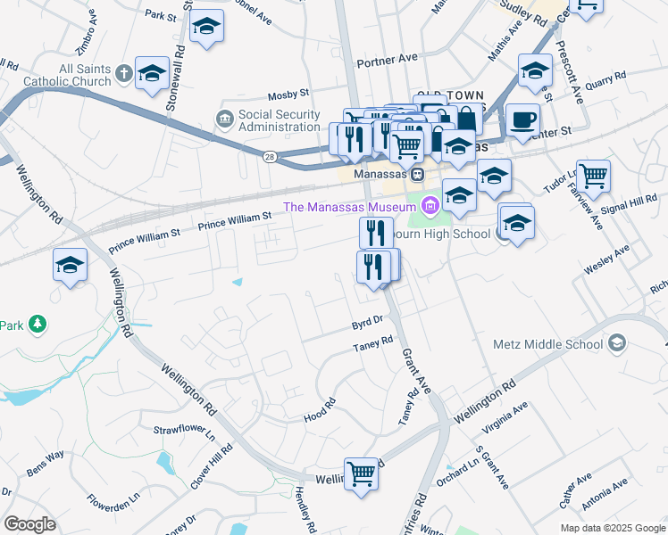 map of restaurants, bars, coffee shops, grocery stores, and more near 9601 Aspen Place in Manassas