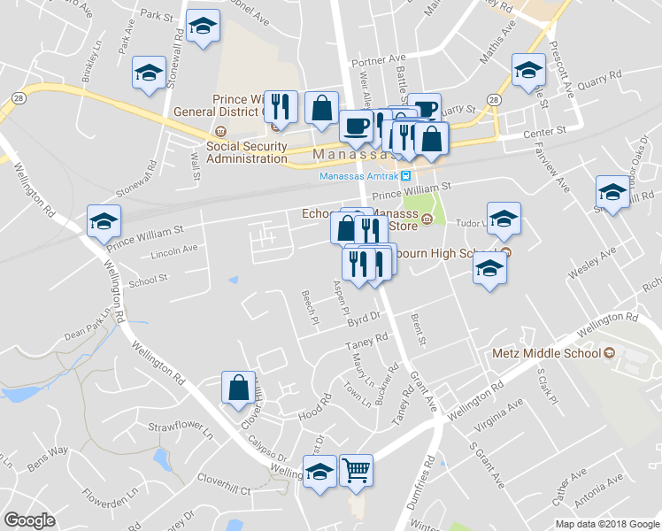 map of restaurants, bars, coffee shops, grocery stores, and more near 9603 Aspen Place in Manassas