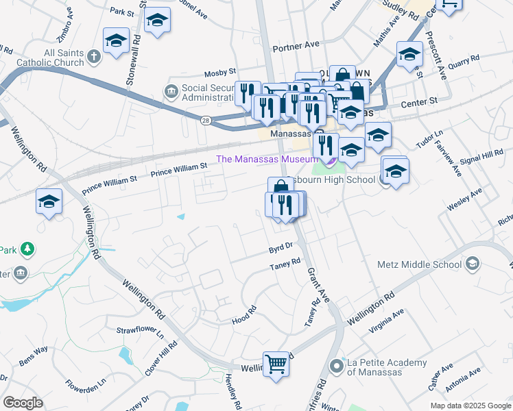 map of restaurants, bars, coffee shops, grocery stores, and more near 9603 Aspen Place in Manassas