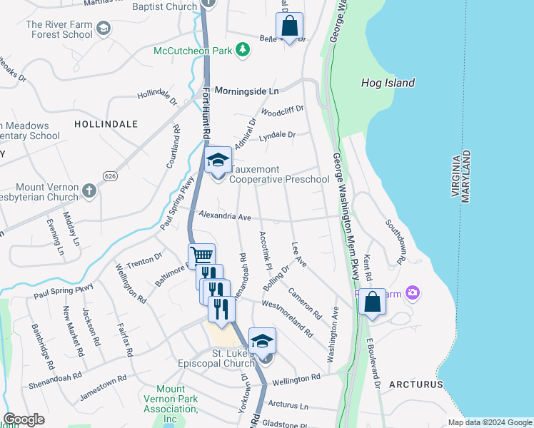 map of restaurants, bars, coffee shops, grocery stores, and more near 1200 Alexandria Avenue in Alexandria