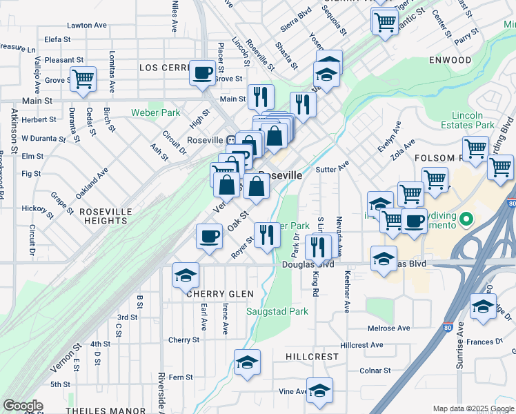 map of restaurants, bars, coffee shops, grocery stores, and more near 401 Oak Street in Roseville