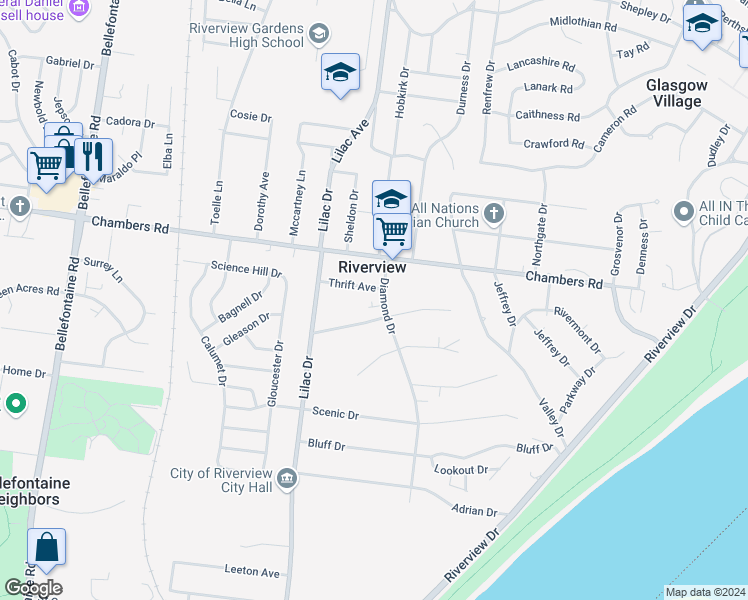 map of restaurants, bars, coffee shops, grocery stores, and more near 9915 Diamond Drive in St. Louis