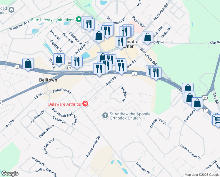 map of restaurants, bars, coffee shops, grocery stores, and more near 17539 Shady Road in Lewes