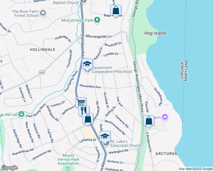 map of restaurants, bars, coffee shops, grocery stores, and more near 1200 Alexandria Avenue in Alexandria