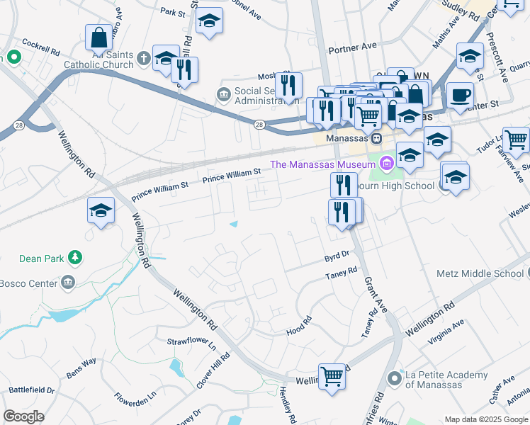 map of restaurants, bars, coffee shops, grocery stores, and more near 9466 Scarlet Oak Drive in Manassas