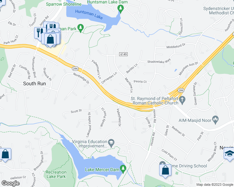 map of restaurants, bars, coffee shops, grocery stores, and more near 9013 Maritime Court in Springfield