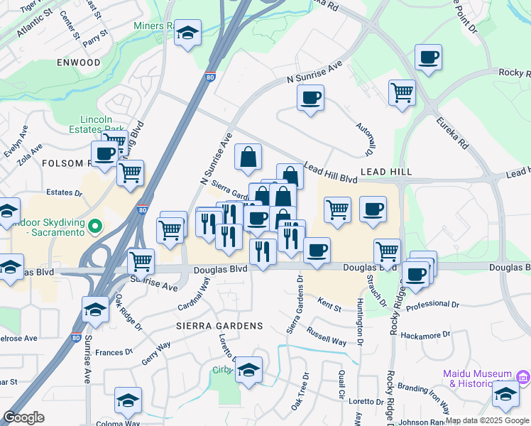 map of restaurants, bars, coffee shops, grocery stores, and more near 1740 Santa Clara Dr in Roseville