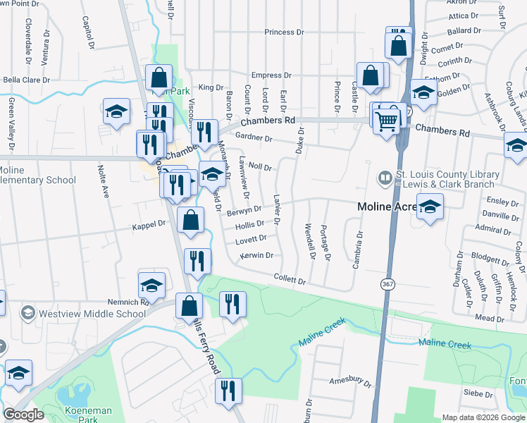 map of restaurants, bars, coffee shops, grocery stores, and more near 2246 Berwyn Drive in St. Louis