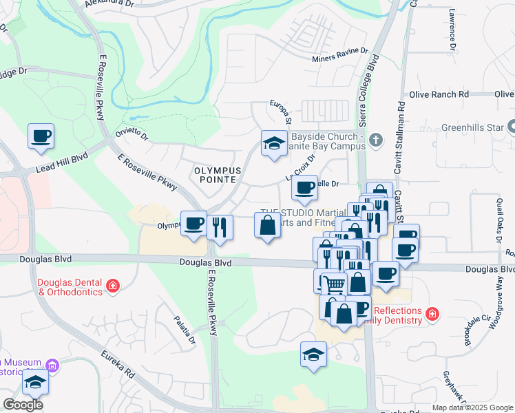map of restaurants, bars, coffee shops, grocery stores, and more near 216 Rochelle Court in Roseville
