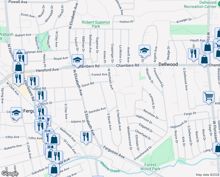 map of restaurants, bars, coffee shops, grocery stores, and more near 7 North Hartnett Avenue in Ferguson