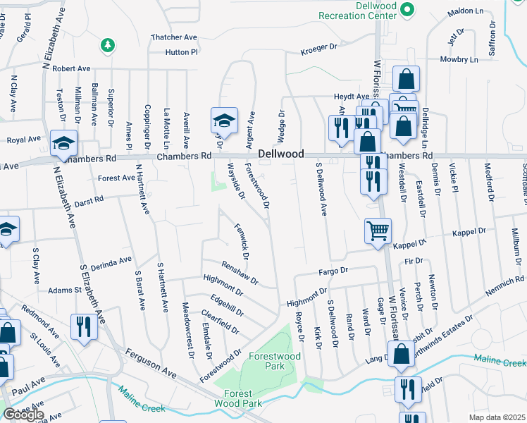 map of restaurants, bars, coffee shops, grocery stores, and more near 77 Forestwood Drive in Ferguson