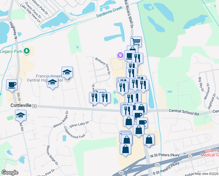 map of restaurants, bars, coffee shops, grocery stores, and more near 213 Valley Lakes Court in Cottleville