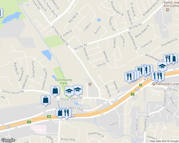 map of restaurants, bars, coffee shops, grocery stores, and more near 470 Saint Peters Howell Road in Saint Charles