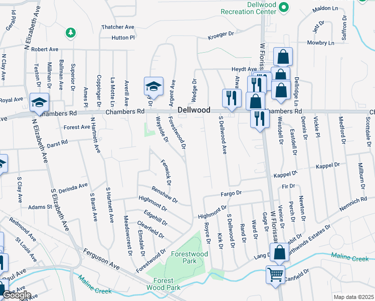 map of restaurants, bars, coffee shops, grocery stores, and more near 77 Forestwood Drive in Ferguson