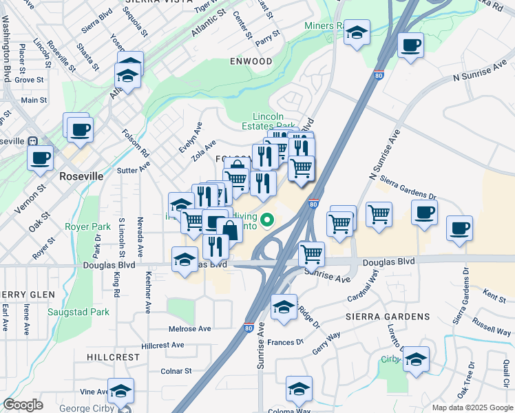 map of restaurants, bars, coffee shops, grocery stores, and more near 361 Roseville Square in Roseville
