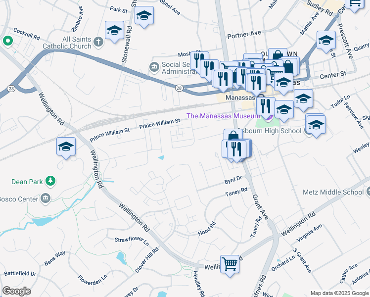 map of restaurants, bars, coffee shops, grocery stores, and more near 9472 Scarlet Oak Drive in Manassas