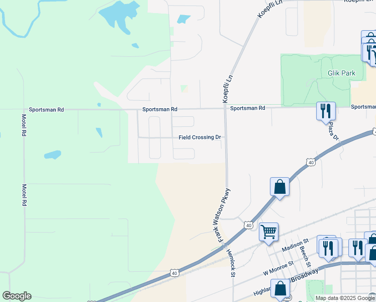 map of restaurants, bars, coffee shops, grocery stores, and more near 110 Crimson Court in Highland