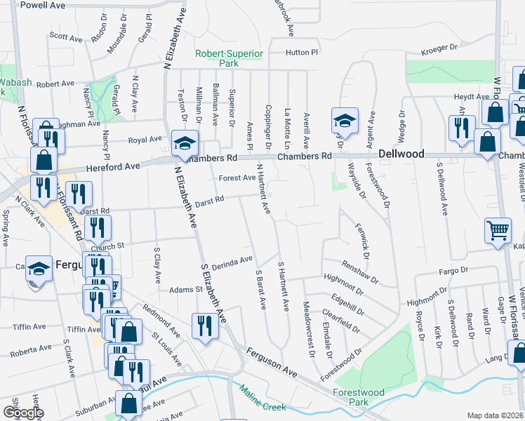 map of restaurants, bars, coffee shops, grocery stores, and more near 7 North Hartnett Avenue in Ferguson