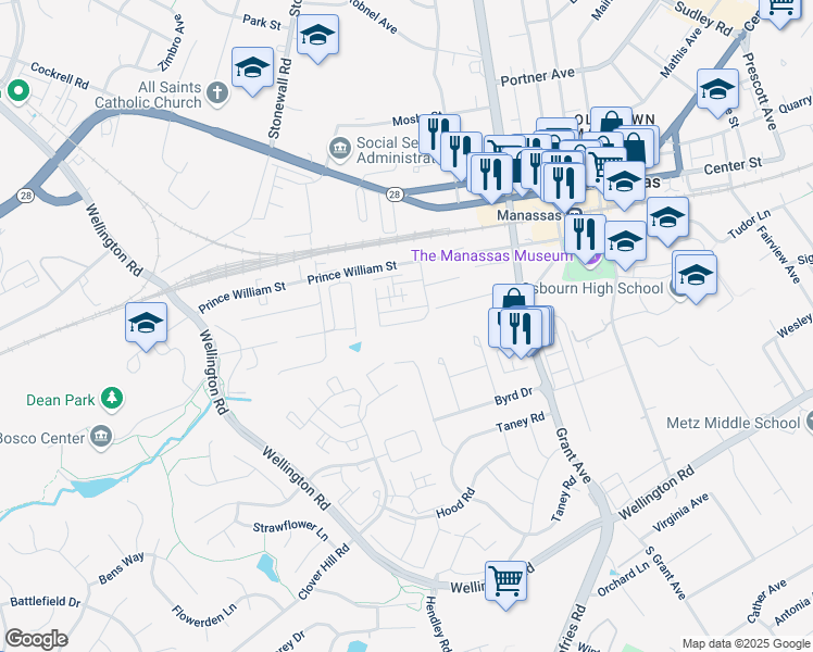 map of restaurants, bars, coffee shops, grocery stores, and more near 9472 Scarlet Oak Drive in Manassas