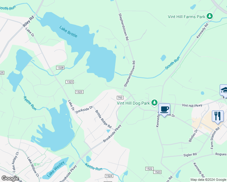 map of restaurants, bars, coffee shops, grocery stores, and more near 4341 Lake Brittle Road in Warrenton