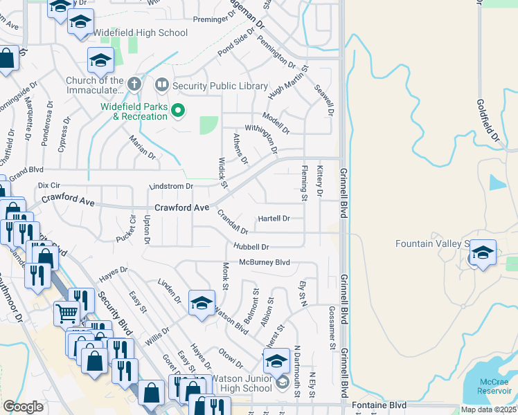 map of restaurants, bars, coffee shops, grocery stores, and more near 970 Hartell Drive in Colorado Springs