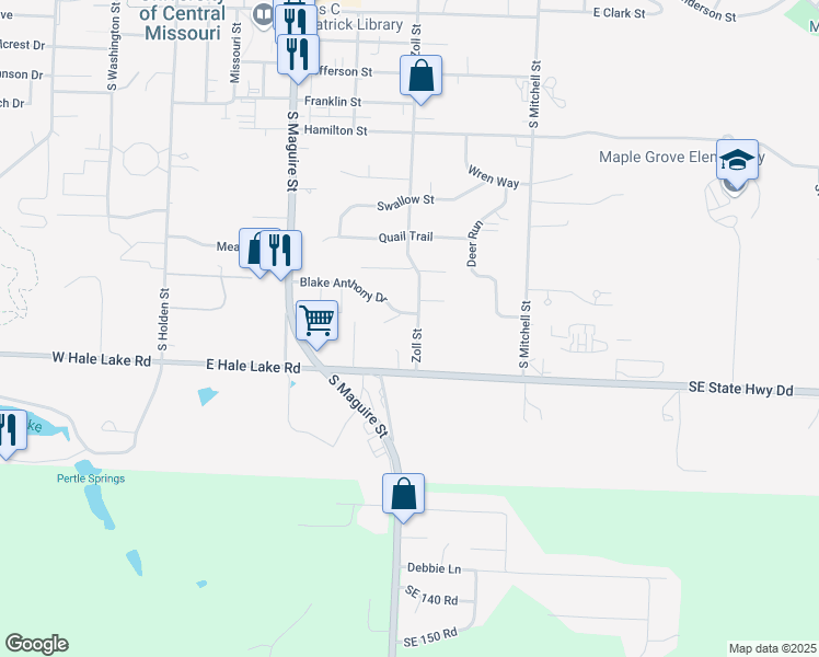 map of restaurants, bars, coffee shops, grocery stores, and more near 1112 Zoll Street in Warrensburg