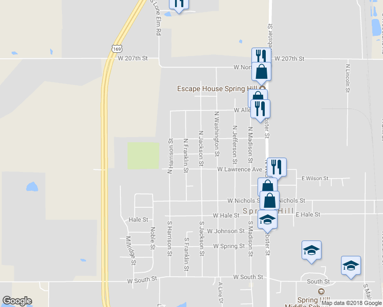 map of restaurants, bars, coffee shops, grocery stores, and more near 504 West Smith Street in Spring Hill