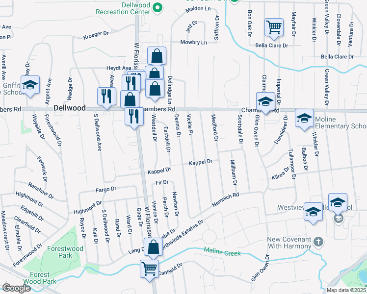 map of restaurants, bars, coffee shops, grocery stores, and more near 9822 Dennis Drive in St. Louis