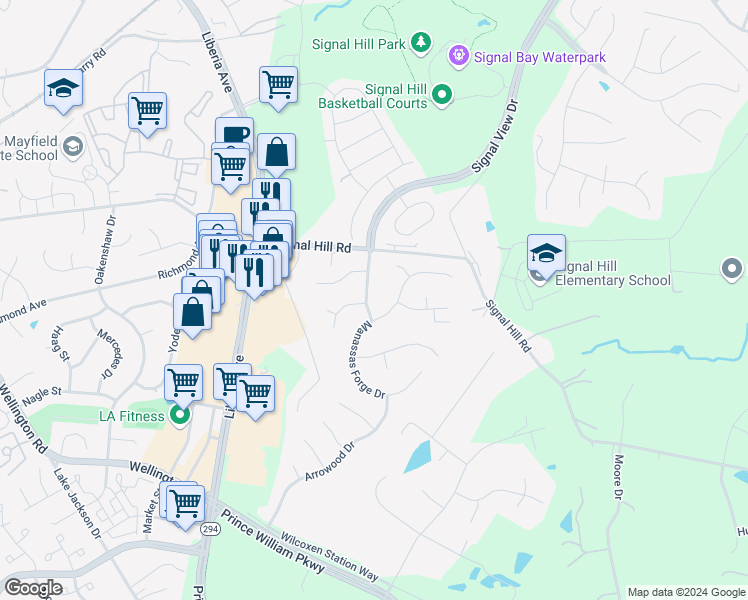 map of restaurants, bars, coffee shops, grocery stores, and more near 9625 Linden Wood Road in Manassas