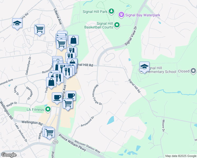 map of restaurants, bars, coffee shops, grocery stores, and more near 9625 Linden Wood Road in Manassas