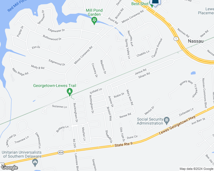 map of restaurants, bars, coffee shops, grocery stores, and more near 17599 Janice Road in Lewes
