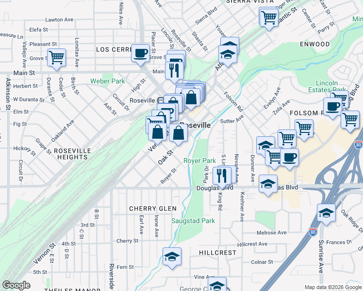 map of restaurants, bars, coffee shops, grocery stores, and more near 401 Oak Street in Roseville