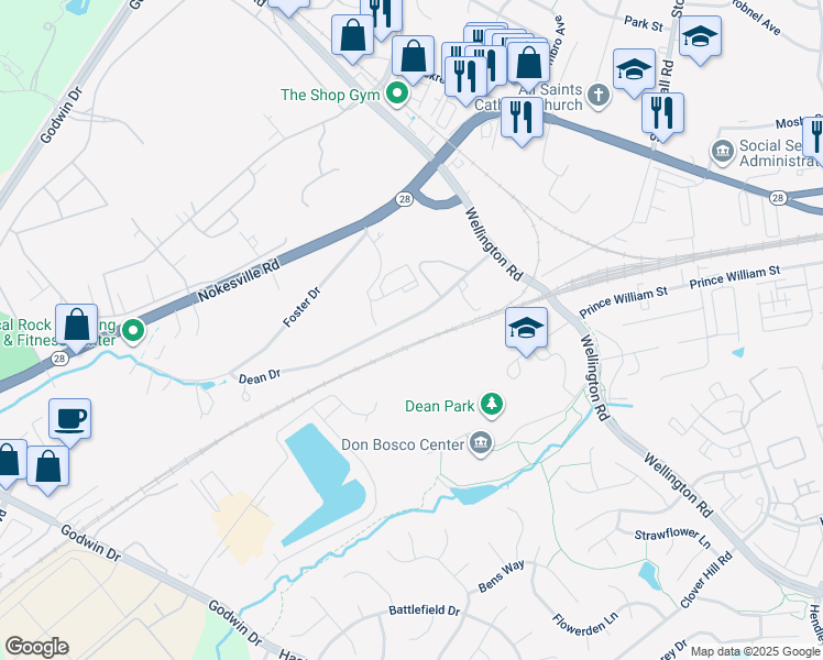 map of restaurants, bars, coffee shops, grocery stores, and more near 9757 Dean Drive in Manassas