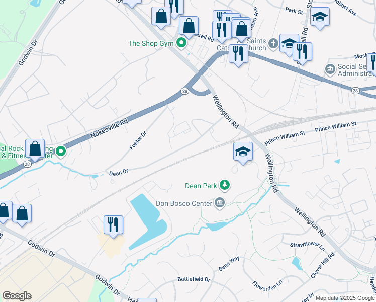 map of restaurants, bars, coffee shops, grocery stores, and more near 9757 Dean Drive in Manassas