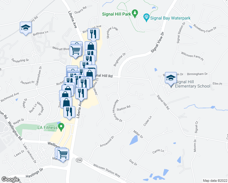 map of restaurants, bars, coffee shops, grocery stores, and more near 8150 Barnwood Road in Manassas