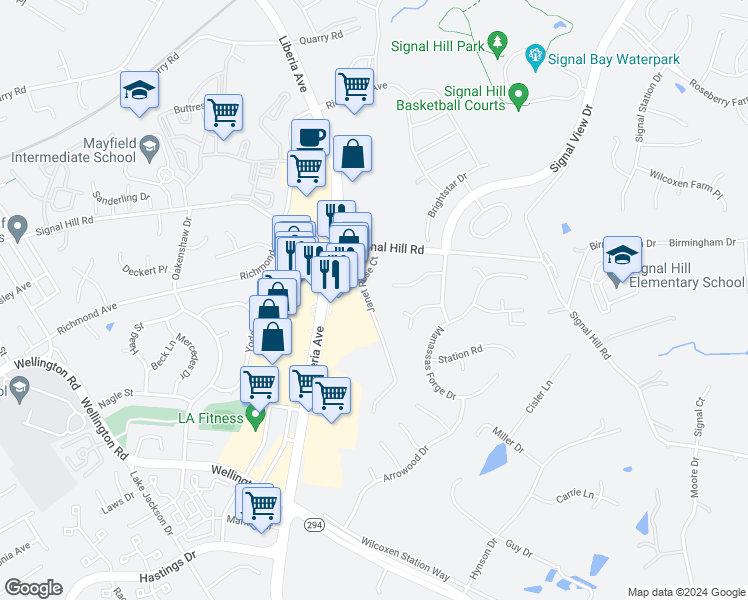 map of restaurants, bars, coffee shops, grocery stores, and more near 9609 Janet Rose Court in Manassas