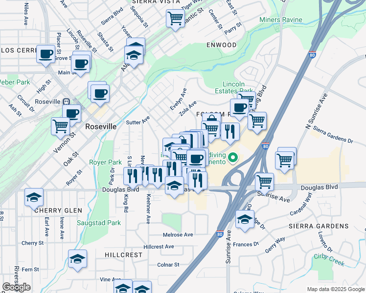 map of restaurants, bars, coffee shops, grocery stores, and more near 286 Folsom Road in Roseville