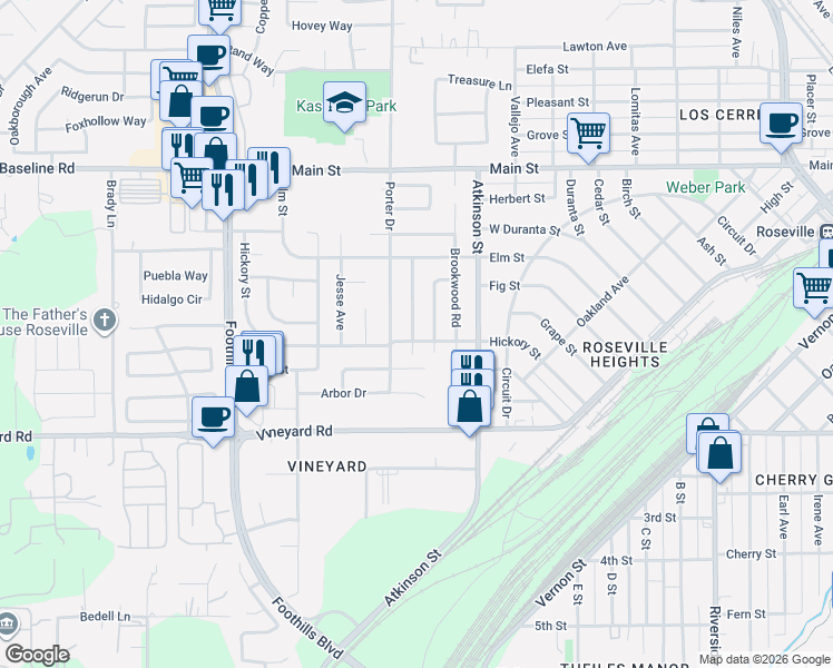map of restaurants, bars, coffee shops, grocery stores, and more near 213 Amberwood Road in Roseville