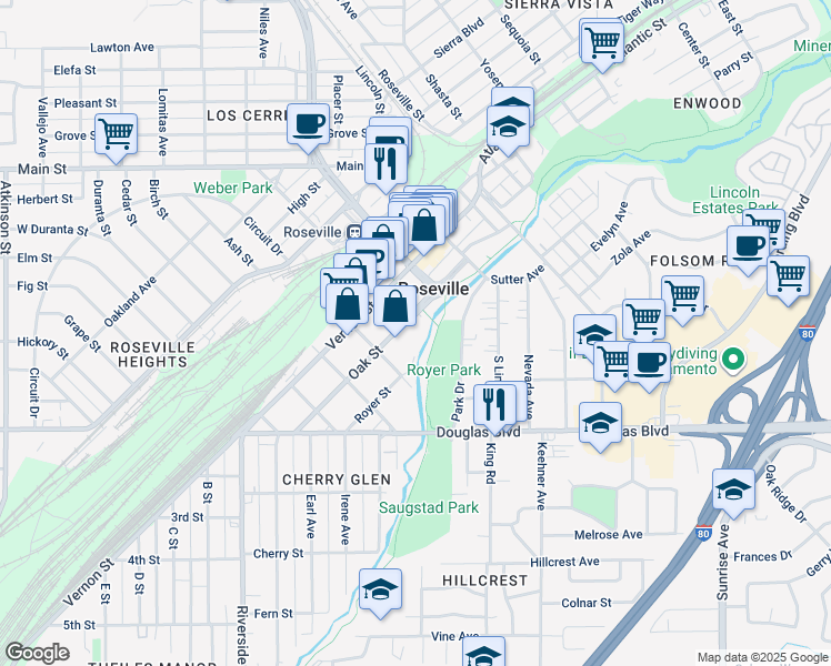 map of restaurants, bars, coffee shops, grocery stores, and more near 401 Oak Street in Roseville