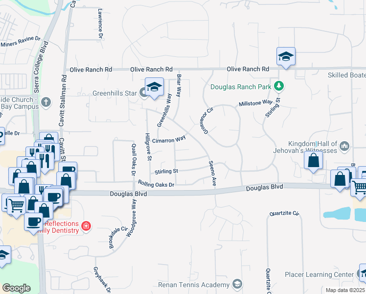 map of restaurants, bars, coffee shops, grocery stores, and more near 4692 Montclair Court in Roseville