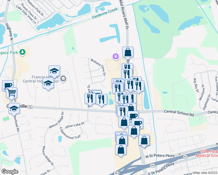 map of restaurants, bars, coffee shops, grocery stores, and more near 213 Valley Lakes Court in Cottleville