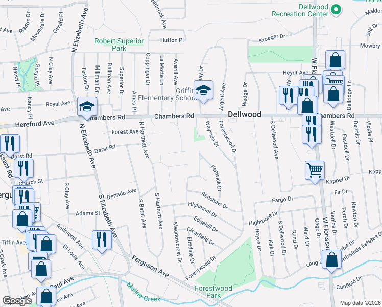 map of restaurants, bars, coffee shops, grocery stores, and more near in Ferguson