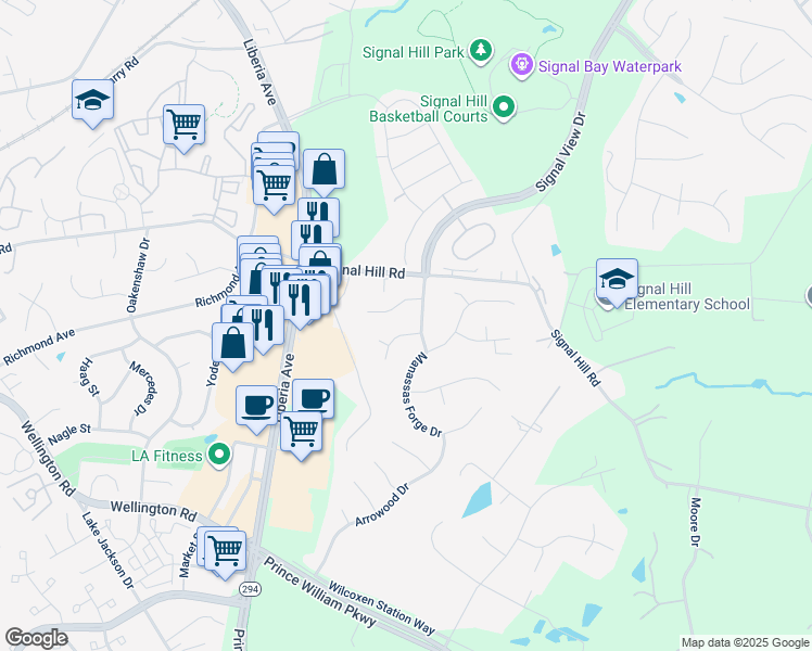 map of restaurants, bars, coffee shops, grocery stores, and more near 8150 Barnwood Road in Manassas