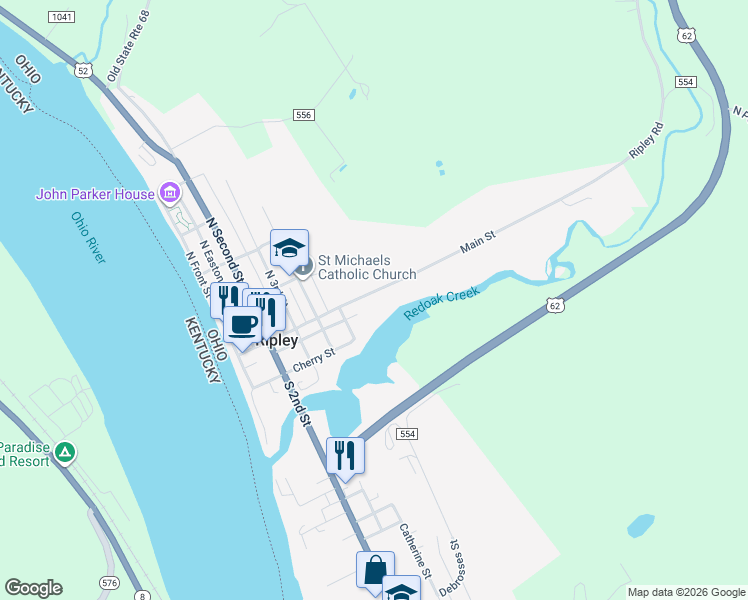 map of restaurants, bars, coffee shops, grocery stores, and more near 423 Main Street in Ripley